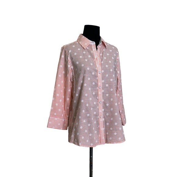 Foxcroft orange white striped polka dots 3/4 sleeves button shaped shirt size 8 - Picture 11 of 11